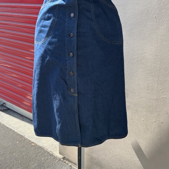 Vintage 70s Levis Denim Sundress Fitted Button Front Dress Brass Buckle In Back - Picture 9 of 11